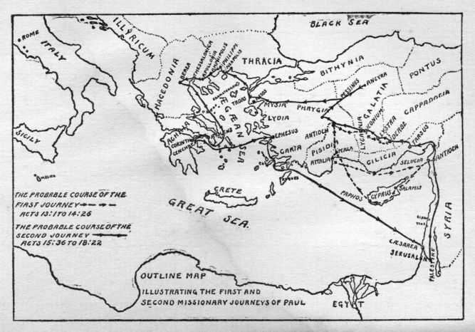 Outline map illustrating the first and second missionary journeys of Paul.