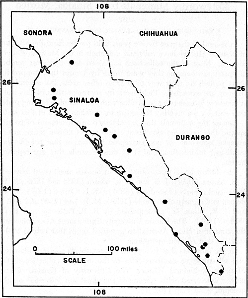 Fig. 1. Map of Sinaloa on which are plotted symbols representing placenames mentioned in text.