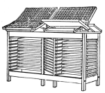 Fig. 33. Double Case Stand, showing the cases in rack pushed back from front, to permit exposure of all boxes when a case is pulled forward for setting type.