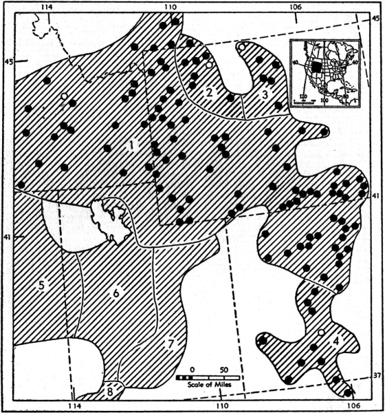 Fig. 1. Geographic range of Microtus montanus in Wyoming, Colorado, and adjacent areas.