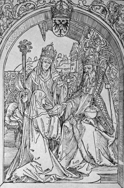 ROSWITHA PRESENTING HER POEM TO THE EMPEROR OTHO I., THE ABBESS OF GANDERSHEIM STANDING AT HER SIDE.