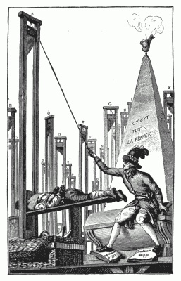 ROBESPIERRE GUILLOTINING THE EXECUTIONER. From an engraving in the collection of M. Félix Perin. "Robespierre, after having had all the French guillotined, beheads the executioner with his own hand." This caricature cost the engraver his life.