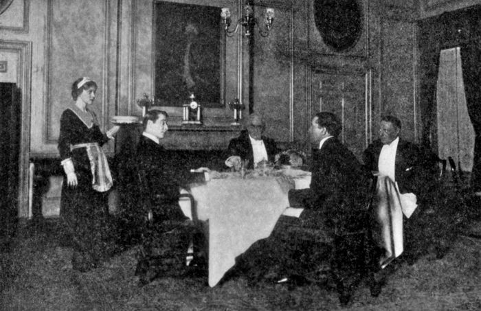 Scene from the Play  the dinner. olivia, lefferts, tucker, weeks and crane.  Act III