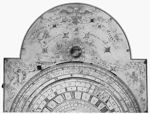 Figure 16.—Detail of frontispiece of the Borghesi clock, showing the apertures for calendar indicators and the details of the engraving.