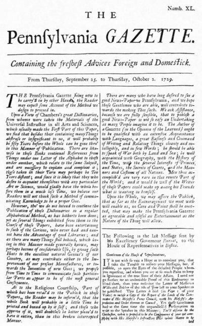 FRONT PAGE OF THE FIRST NUMBER OF THE “PENNSYLVANIA GAZETTE,” PUBLISHED BY FRANKLIN AND MEREDITH