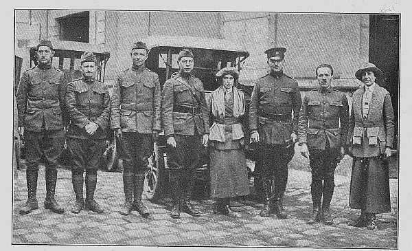 A group of Jewish welfare workers at Le Mans, France, in March 1919. From left to right, George Rooby, Julius Halperin, Frank M. Dart, Chaplain Lee J. Levinger, Adele Winston, Charles S. Rivitz, David Rosenthal and Esther Levy.