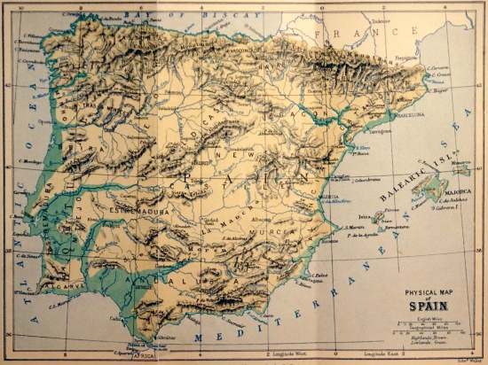 PHYSICAL MAP of SPAIN  Edw^d Weller  London: Sampson Low, Marston, Searle, & Rivington.  