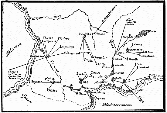 Sketch map of the bishoprics and archbishoprics of the south of France at the present day