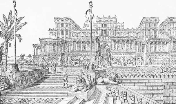 GRAND ENTRANCE TO PALACE. (From Layard's Discoveries among the ruins of Nineveh and Babylon.)