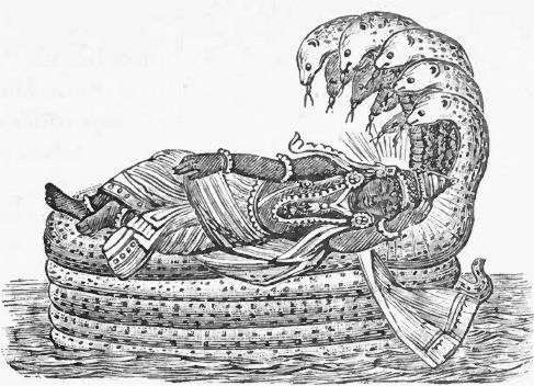 Boodh resting "upon the face of the waters," supported by serpents.