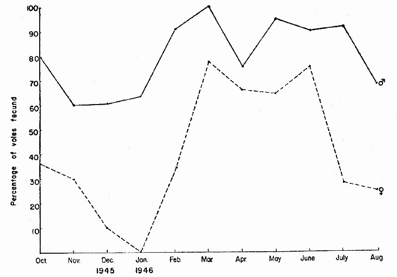 Figure 2. Fecundity of Prairie Voles by Months. Adults and Subadults are Considered Together.