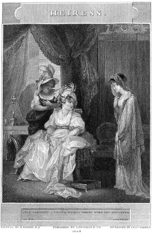 HEIRESS.   MISS ALSCRIPT--YOUNG WOMAN WHERE WERE YOU EDUCATED   ACT II. SCENE III.   PAINTED BY R SMIRKE R A  PUBLISHED BY LONGMAN & CO  ENGRAVED BY CHAS WARREN   1808