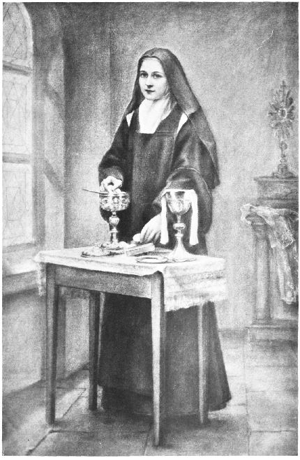 SŒUR THÉRÈSE DE L'ENFANT-JÉSUS  préparant les vases sacrés lorsqu'elle était sacristine.  (D'après une photographie de juin 1890.)