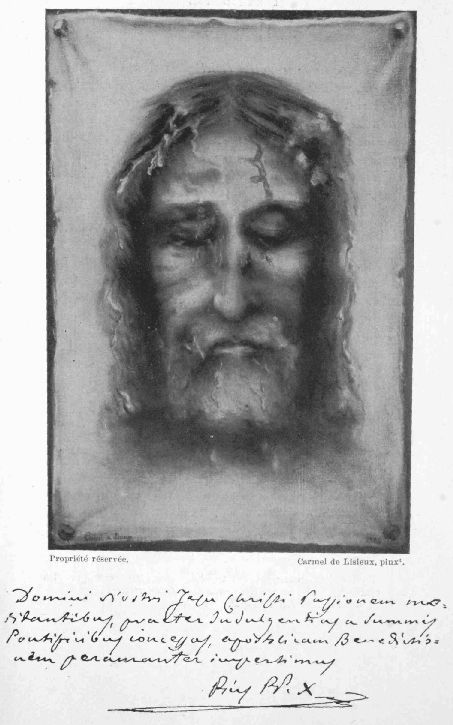 LA SAINTE FACE  DE NOTRE-SEIGNEUR JÉSUS-CHRIST  (D'après le Saint Suaire de Turin.)  Propriété réservée.  Carmel de Lisieux, pinx1.