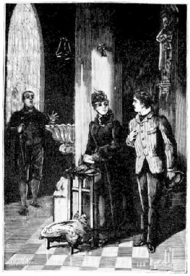 Mademoiselle, debout auprès d'un pilier, causant avec un jeune homme.