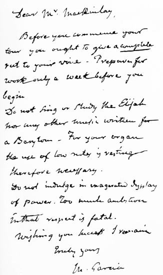 FACSIMILE OF A LETTER WRITTEN BY MANUEL GARCIA AT THE AGE OF NINETY-FOUR.