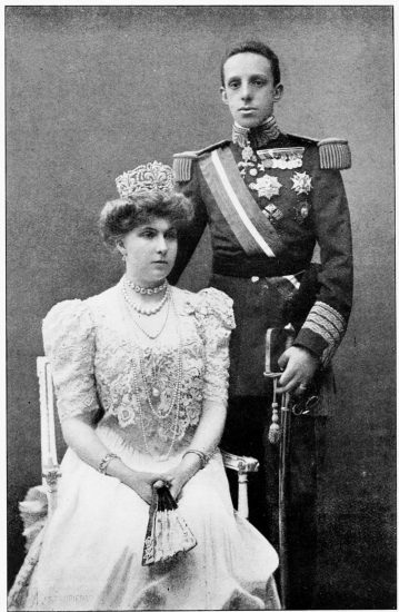 THEIR MAJESTIES THE KING AND QUEEN OF SPAIN.  (From a Photograph specially forwarded to the Author by His Majesty.)  Franzen, Madrid.