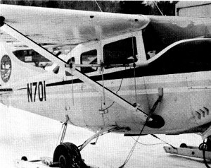 Figure 13.—Directional yagi antennas fastened to the wing struts of the aircraft were necessary to "home in" on the wolves. (Photo courtesy of U.S. Bureau of Sport Fisheries and Wildlife.)