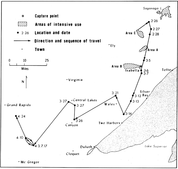 Figure 20.—Dispersal of wolf 1051. Lines merely indicate sequence of locations. Only selected lakes are shown.