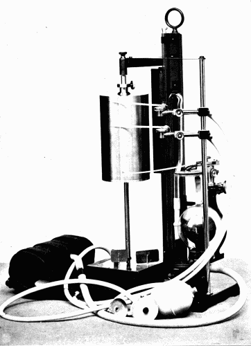 Fig. 15.—The Erlanger sphygmomanometer with the Hirschfelder attachments by means of which simultaneous tracings can be obtained from the brachial, carotid, and venous pulses.