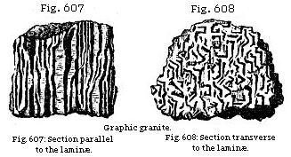 Graphic granite. Fig. 607: Section parallel to the laminæ. Fig. 608: Section transverse to the laminæ.