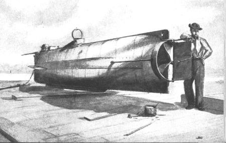 The C.S.S. Hunley, a completely submersible craft, was hand-propelled by a crew of eight. The 25-foot submarine sank off Charleston along with her first and only victim, the U.S.S. Housatonic.