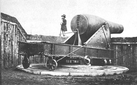 A 15-inch Rodman smoothbore, one of the largest guns mounted during the war, stands as a silent sentry guarding the Potomac at Alexandria, Virginia.