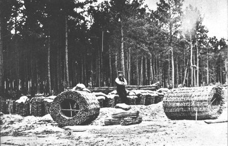 Gabions, open-end baskets filled with earth, proved as effective as masonary in defensive works. Thousands of these baskets were patiently made by hand for use in field and seacoast fortifications.