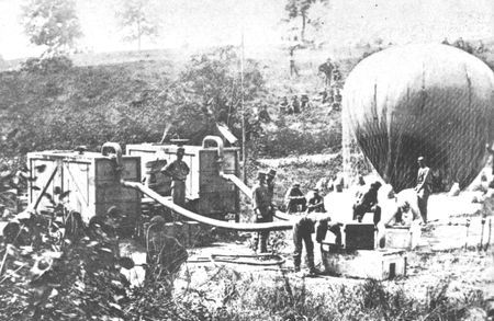 Balloon observation on the battlefield was made possible by the portable gas generator. Here Professor T.S.C. Lowe's balloon is inflated by mobile generators in front of Richmond in 1862.