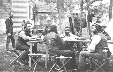 Faulty intelligence furnished by detective Allan Pinkerton (seated in rear) and his agents misled General George McClellan during the Peninsula Campaign. The Pinkerton organization was later replaced by a more efficient military intelligence bureau.