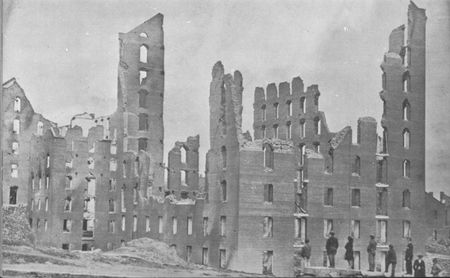 Richmond 1865—Gaunt remains cast their shadow over the former Confederate capital. The rampaging fire, started during the evacuation, leveled the waterfront and the business district.