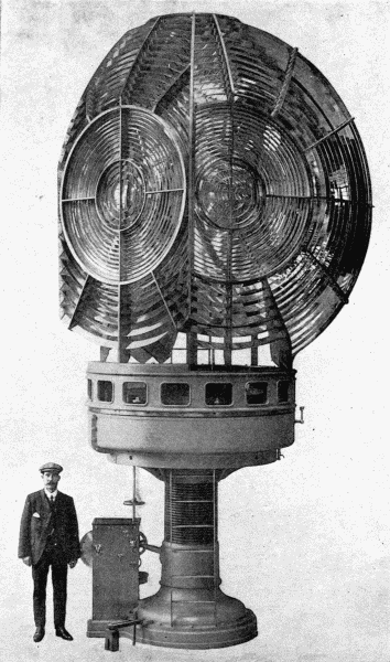 By permission of Messrs. Chance Bros. and Co., Ltd. A Huge Lamp The marvellous arrangement of lenses and prisms which enables the lighthouse to send out its guiding flashes, with the mechanism for turning it. Made for "Chilang" Lighthouse, China   Frontispiece 