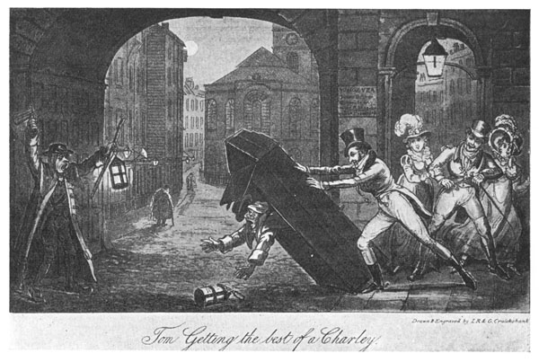 Tom, Getting the best of a Charley.  From "Life in London," by Pierce Egan, 1821.