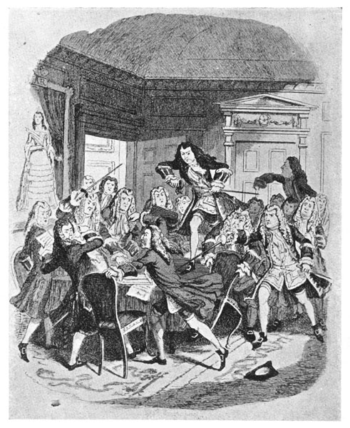 THE MARQUIS DE GUISCARD ATTEMPTING TO ASSASSINATE HARLEY. The man on the table drawing his sword is the Duke of Newcastle ("Saint James's"). From "Ainsworth's Magazine," 1844.