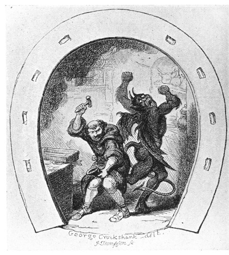 SHOEING THE DEVIL. From Edward G. Flight's "The True Legend of St Dunstan and the Devil," 1848.