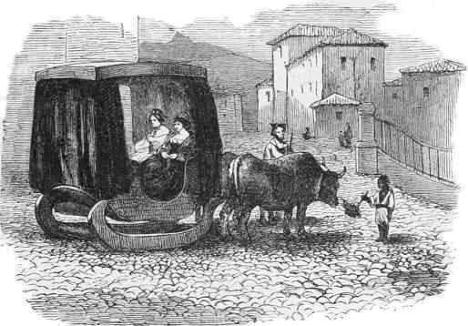 Instead of a carriage on wheels, a carriage on wooden runners drawn by oxen over the snow-less cobblestone streets.