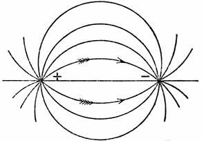 FIG. 1.--LINES OF ELECTRIC STRAIN BETWEEN A POSITIVE AND NEGATIVE ELECTRON AT REST.