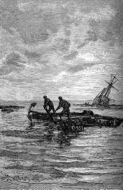 zij lieten het anker een halve kabellengte van het schip af op tien vaam water vallen.