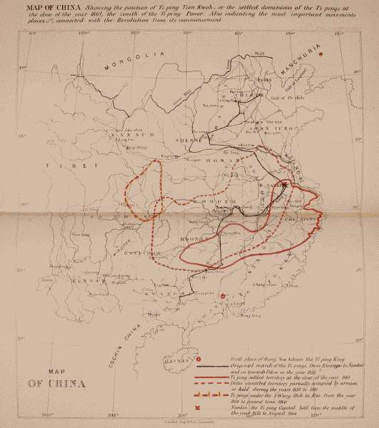 MAP OF CHINA Showing the position of Ti-ping Tien-Kwoh, or the settled dominions of the Ti-pings at the close of the year 1861, the zenith of the Ti-ping Power. Also indicating the most important movements places &c., connected with the Revolution from its commencement. London Day & Son (Limited)