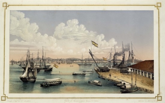 Dibujado y litogrdo por Edo LAPLANTE  publicado por L. Marquier y Laplante Obra-pia nº 121-1/2 Habana  Litografía de L. MARQUIER.  VISTA GENERAL DE LOS ALMACENES DE REGLA  y parte de la bahía de la Habana