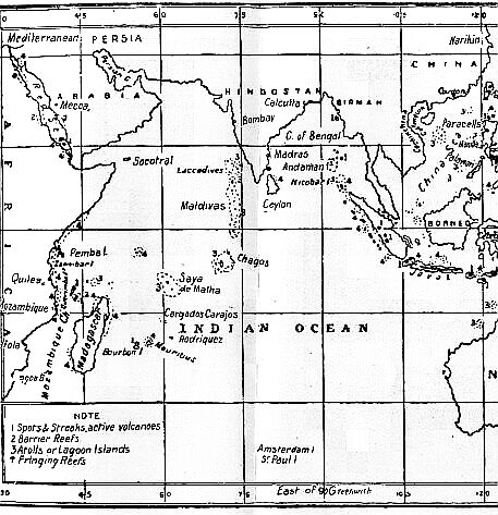 [Illustration: Map showing distribution of coral-reefs and active volcanoes.]