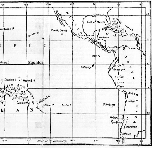 [Illustration: Map showing distribution of coral-reefs and active volcanoes.]