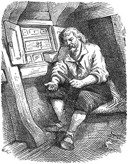 “I smiled at myself at the sight of all this money. ‘Oh, drug,’ said I, aloud, ‘what art thou good for? Thou art not worth to me, no, not the taking off the ground. One of these knives is worth all this heap.’”—Page 9.