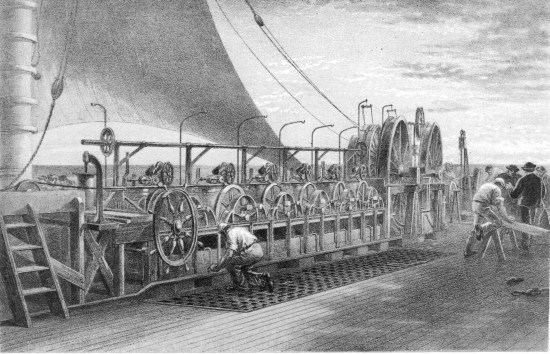 From a drawing by R. Dudley London, Day & Sons, Limited, Lith.  PAYING-OUT MACHINERY.