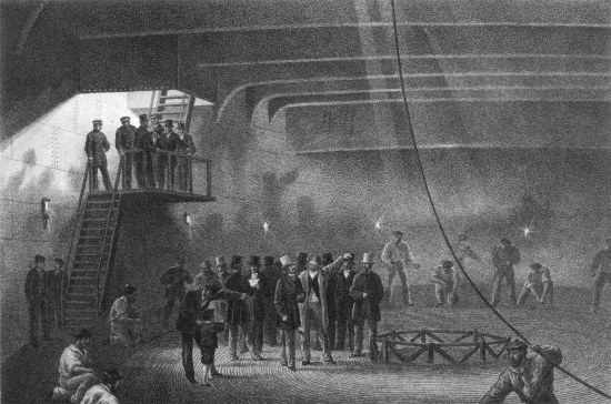 T. Picken, lith from a drawing by R. Dudley London, Day & Sons, Limited, Lith.  COILING THE CABLE IN THE AFTER TANK ON BOARD THE GREAT EASTERN AT SHEERNESS. VISIT OF H.R.H. THE PRINCE OF WALES ON MAY 24th.