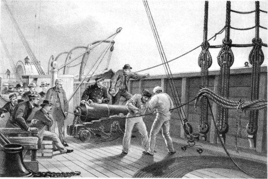 From a drawing by R. Dudley London. D.T & Sou. Limited. Lilh.  SPLICING THE CABLE (AFTER THE FIRST ACCIDENT) ON BOARD THE GREAT EASTERN JULY 25TH.