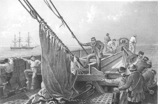 From a drawing by R. Dudley  London, Day & Sons, Limited, Lith.  IN THE BOWS AUGUST 2nd. THE CABLE BROKEN AND LOST PREPARING TO GRAPPLE.