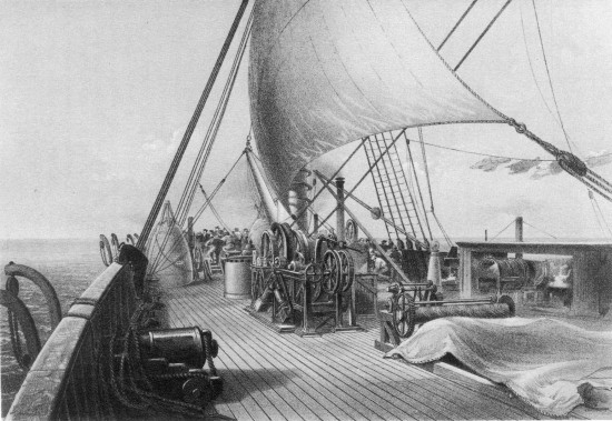 E. Walker, lith from a drawing by R. Dudley  London, Day & Sons, Limited, Lith.  FORWARD DECK CLEARED FOR THE FINAL ATTEMPT AT GRAPPLING. AUGUST 11TH.