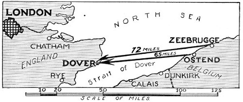 MAP SHOWING RELATION OF ZEEBRUGGE AND OSTEND TO THE ENGLISH COAST