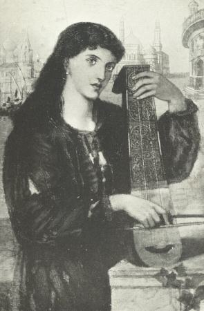 ‘Picture for a Story.’  (Face and Instrument designed by D. G. Rossetti, background by Dunn.)